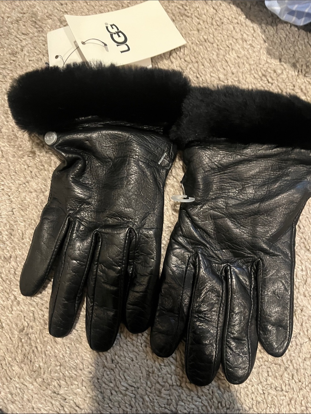 UGG Black Leather Gloves with Fur Cuff size M